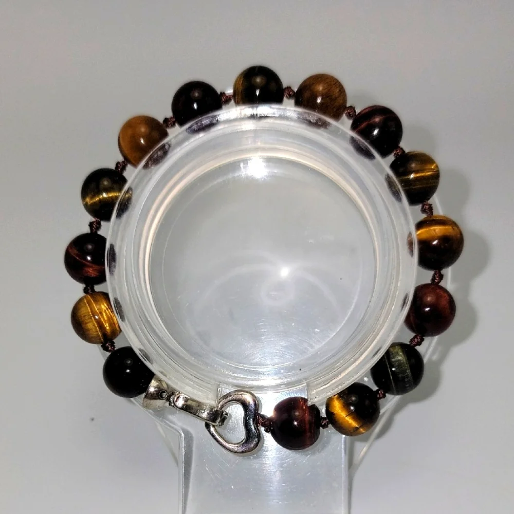 Gold Green Red 10mm Tiger Eye Beaded Bracelet Hand Knotted Silver Tone Clasp